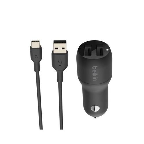 Belkin Dual USB-A Autolader 24W + 1m USB-C kabel zwart, Telecommunicatie, Mobiele telefoons | Telefoon-opladers, Nieuw, Ophalen of Verzenden