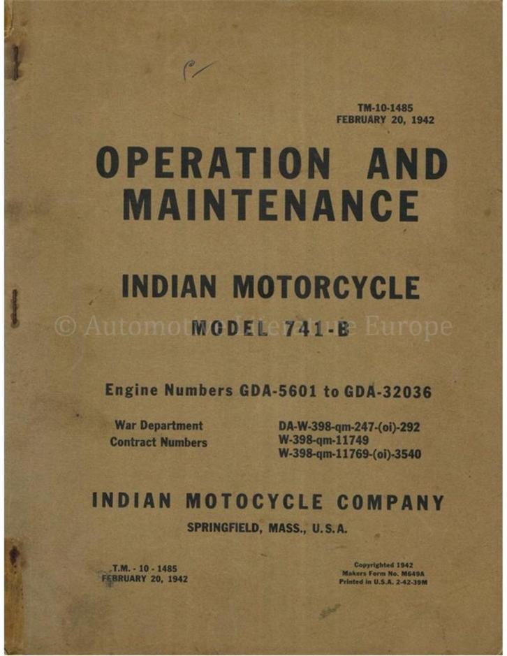 1942 INDIAN SCOUT MODEL 741-B WERKPLAATSHANDBOEK ENGELS, Autos : Divers, Modes d'emploi & Notices d'utilisation