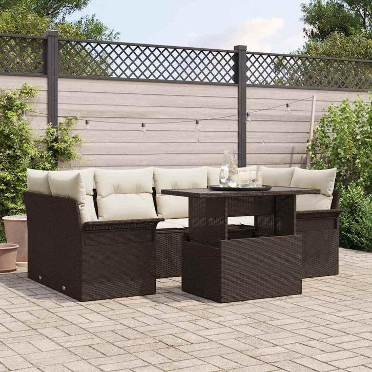 vidaXL Tuinbank Set met kussen met opslag 7 pcs Bruin Poly, Tuin en Terras, Tuinsets en Loungesets, Nieuw, Verzenden