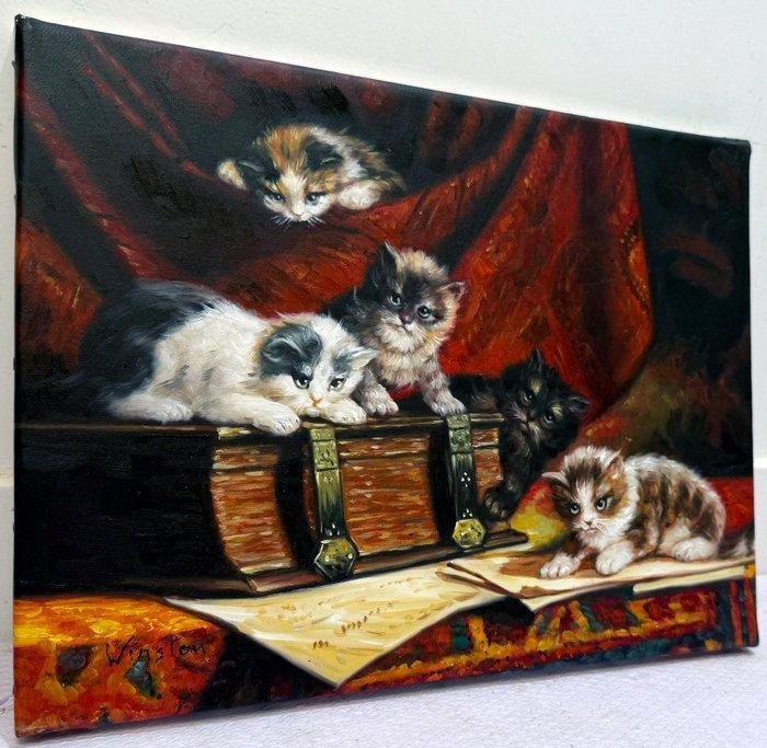 N. Winston (XX-XXI) - Famille de Chats dans une Bibliothèque, Antiek en Kunst, Kunst | Schilderijen | Klassiek