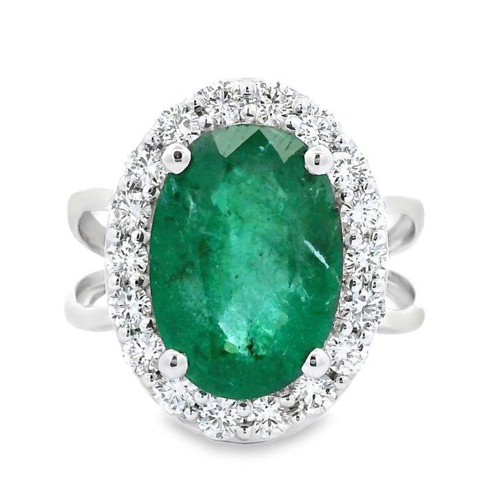 Ring - 14 karaat Witgoud - 5.09ct. tw. Smaragd - Diamant, Handtassen en Accessoires, Ringen