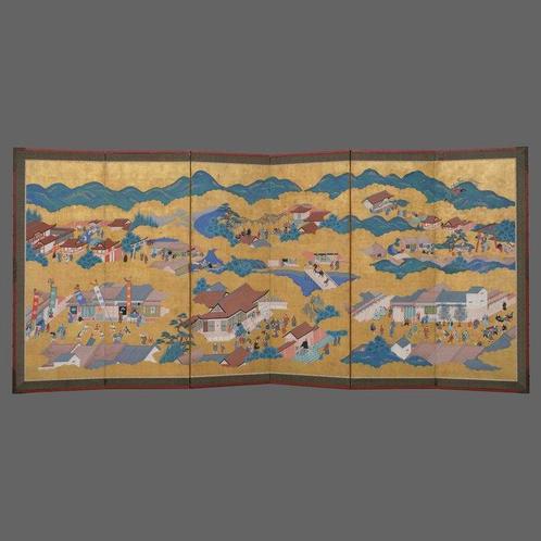 Byôbu scherm (scherm) - Bladgoud, Gelakt hout, Zijde - Japan, Antiek en Kunst, Antiek | Overige Antiek