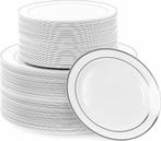 120 stevige witte plastic borden met zilveren rand, 2 mat..., Verzenden