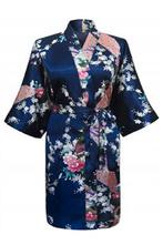 KIMU® Kimono Donkerblauw Kort M-L Yukata Satijn Boven de Kni, Nieuw, Ophalen of Verzenden
