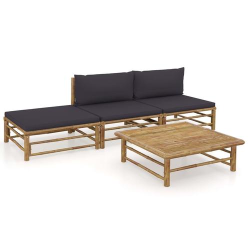 vidaXL 4-delige Loungeset met donkergrijze kussens bamboe, Tuin en Terras, Tuinsets en Loungesets, Loungeset, Nieuw, Verzenden