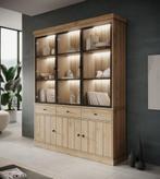 Meubella | Buffetkast eiken 182cm - Vitrinekast met LED, Huis en Inrichting, Kasten | Buffetkasten, 150 tot 200 cm, Nieuw, 25 tot 50 cm
