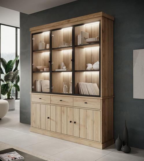 Meubella | Buffetkast eiken 182cm - Vitrinekast met LED, Huis en Inrichting, Kasten | Buffetkasten, 25 tot 50 cm, Nieuw, 150 tot 200 cm