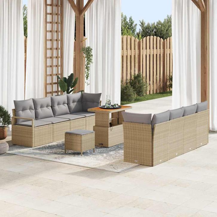vidaXL Tuinbank Set met kussen 11 pcs Beige Poly rattan, Tuin en Terras, Tuinsets en Loungesets, Nieuw, Verzenden
