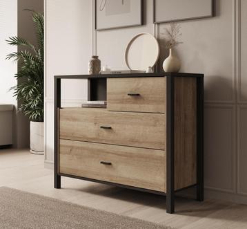 Meubella | Ladekast eiken zwart 105x40x85 cm - 3 lades, Huis en Inrichting, Verzenden, Nieuw