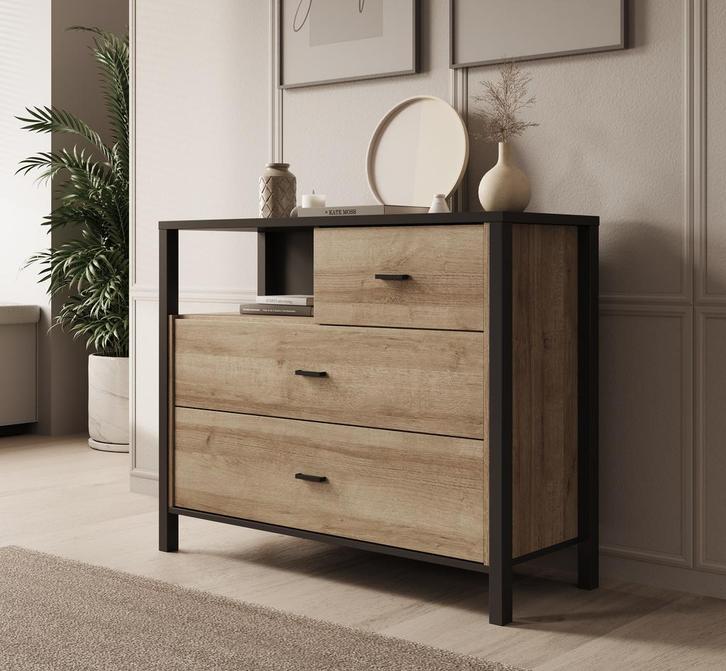 Meubella | Ladekast eiken zwart 105x40x85 cm - 3 lades, Huis en Inrichting, Kasten | Overige, Nieuw, Verzenden