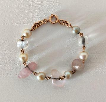 Bracelet - 18 carats Or jaune Perle - Quartz