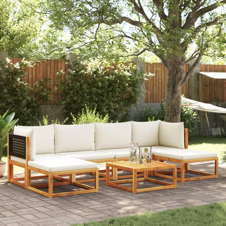 vidaXL 7-delige tuinbankset met kussens acaciahout & rotan, Tuin en Terras, Tuinsets en Loungesets, Nieuw, Verzenden