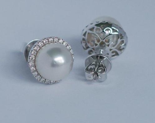 Oorstekers - 18 karaat Witgoud - 0.31ct. tw. Parel - Diamant, Handtassen en Accessoires, Antieke sieraden