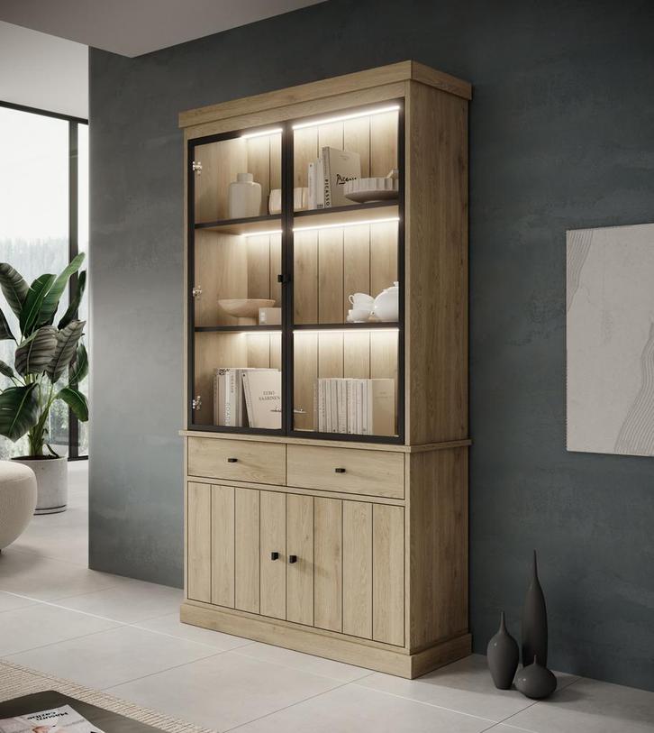 Meubella | Buffetkast eiken 124cm - Vitrinekast, Huis en Inrichting, Kasten | Buffetkasten, 25 tot 50 cm, Nieuw, 100 tot 150 cm
