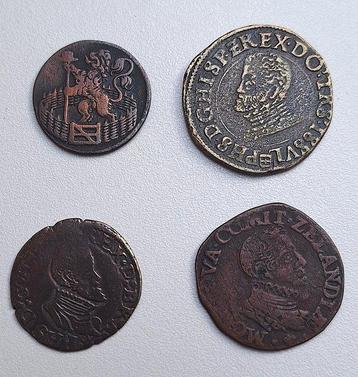 Nederland. Lot de 4 monnaies (incl Overijssel. Philippe II., Timbres & Monnaies