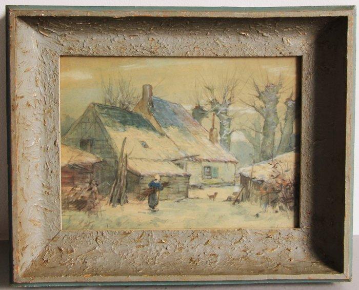 F. Jeun (XX) - Winters boerenerf, Antiek en Kunst, Kunst | Schilderijen | Klassiek