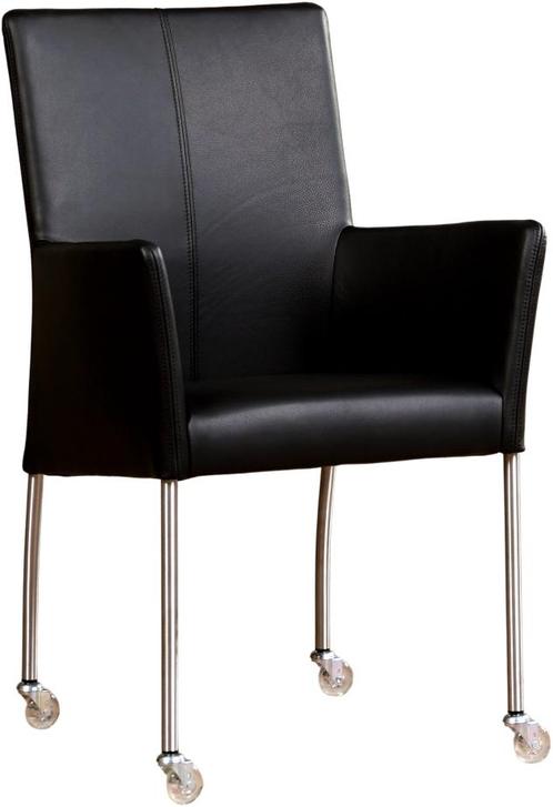 Zwarte leren moderne eetkamerstoel - poot rond inox met wiel, Huis en Inrichting, Stoelen, Overige kleuren, Eén, Nieuw, Leer, Ophalen of Verzenden