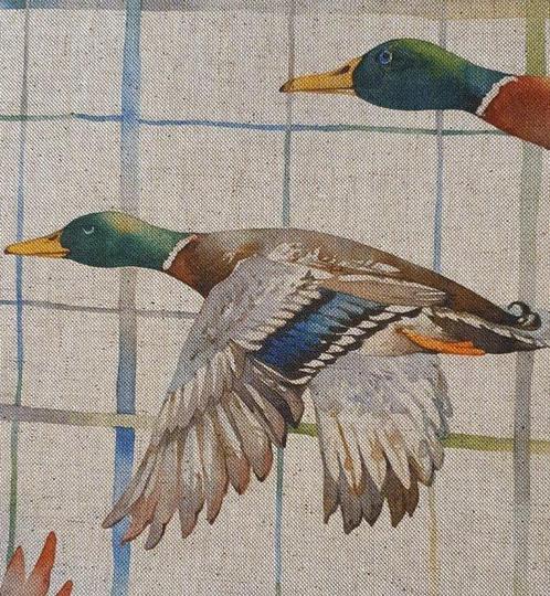 Tessuto Land met wilde eenden in de vlucht - Linneneffect, Antiek en Kunst, Antiek | Tapijten, Tafelkleden en Textiel
