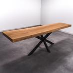 Boomstamtafel, Eettafel 245x60 massief hardhout, metaalpoot, Robuust Modern, 50 tot 100 cm, Vijf personen of meer, Rechthoekig