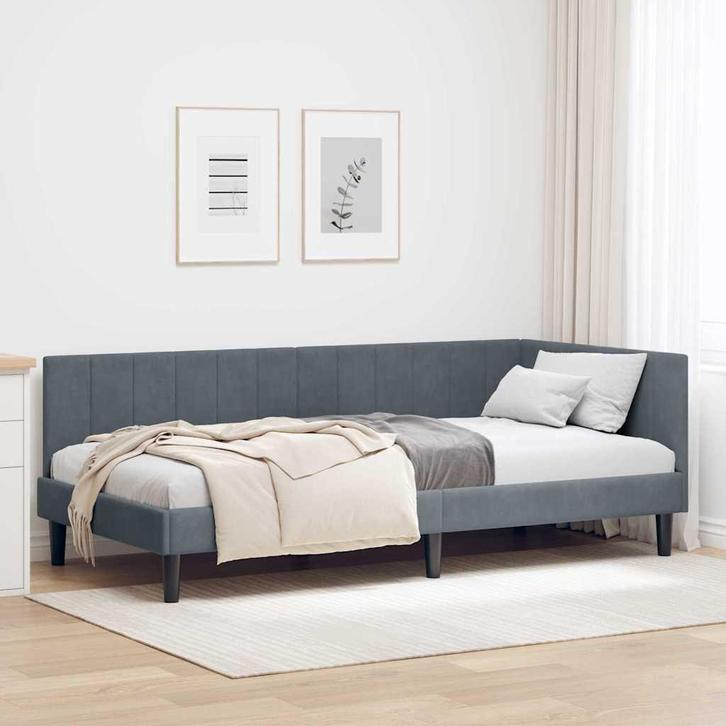 vidaXL Hoek Bed Frame met hoofdeinde Donkergrijs 100 cm x, Huis en Inrichting, Slaapkamer | Bedden, Nieuw, Verzenden