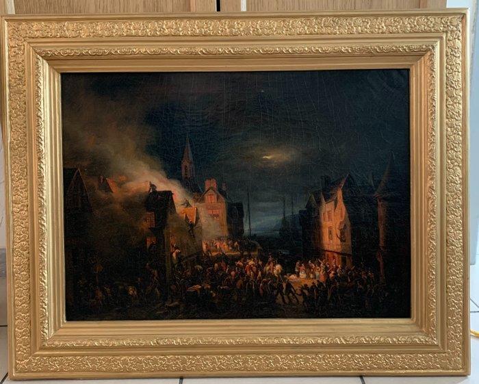 Ecole Flamande (XVIII) - Incendie dans une ville flamande, Antiquités & Art, Art | Peinture | Classique