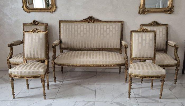 Salon-Garnitur im Louis-XVI-Stil – Vergoldetes Holz mit, Huis en Inrichting, Overige Huis en Inrichting