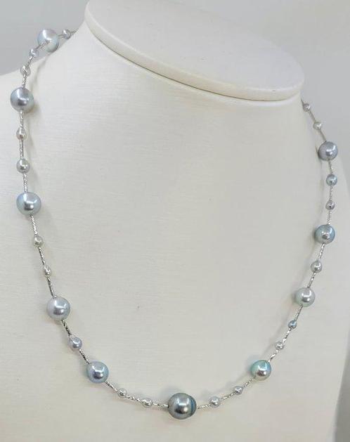 Collier - 18 carats Or blanc - Perles Akoya argentées, Handtassen en Accessoires, Kettingen
