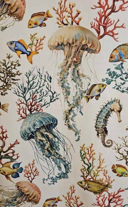 Mediterrane stof met koralen, kwallen en zeepaardjes -, Antiek en Kunst, Antiek | Tapijten, Tafelkleden en Textiel