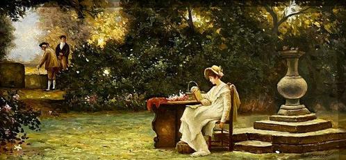 E. Lawson (XX-XXI) - Woman reading in the garden, Antiek en Kunst, Kunst | Schilderijen | Klassiek