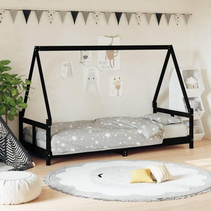 vidaXL Kinderbedframe 80x200 cm massief grenenhout zwart, Kinderen en Baby's, Kinderkamer | Bedden, Nieuw, Verzenden