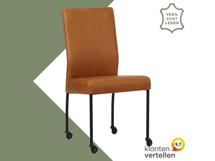 Leren eetkamerstoel Comfort met wieltjes - Rancho Cognac, Huis en Inrichting, Stoelen, Bruin, Eén, Nieuw, Leer, Ophalen of Verzenden
