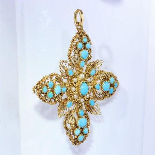 Hanger - 14 karaat Geel goud - Parel - Turkoois, Kruis, 1840, Handtassen en Accessoires, Antieke sieraden
