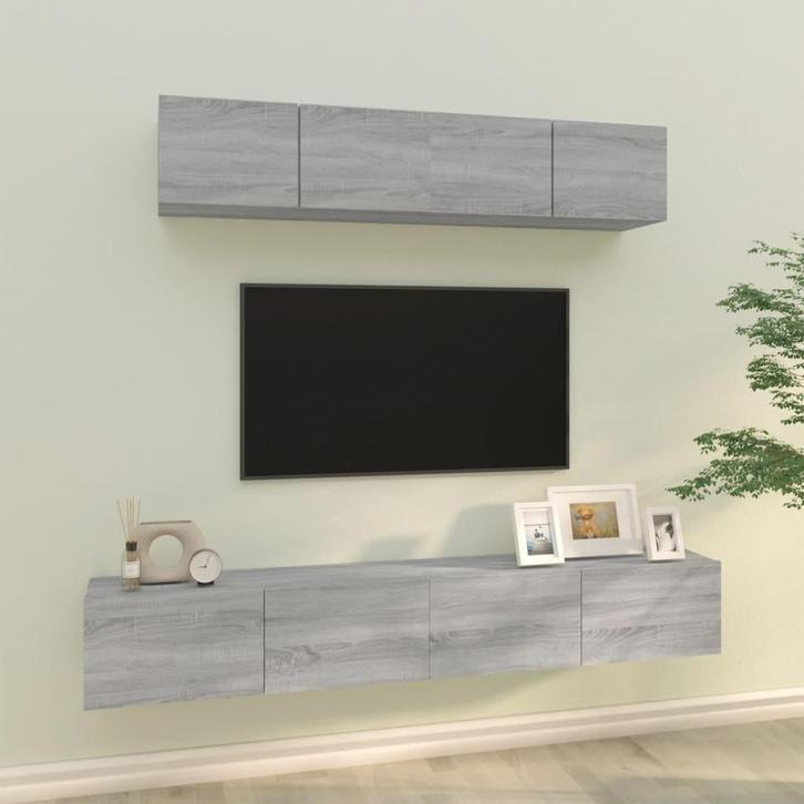 vidaXL 4-delige Tv-meubelset bewerkt hout grijs sonoma, Huis en Inrichting, Kasten |Televisiemeubels, Nieuw, Verzenden