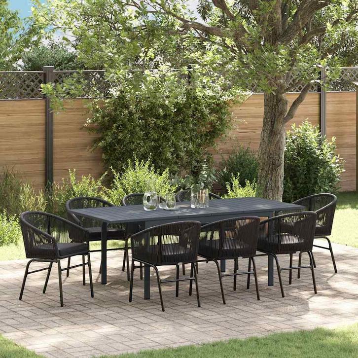 vidaXL Tuin Eettafel Set 9 pcs Zwart Poly rattan, Tuin en Terras, Tuinsets en Loungesets, Nieuw, Verzenden