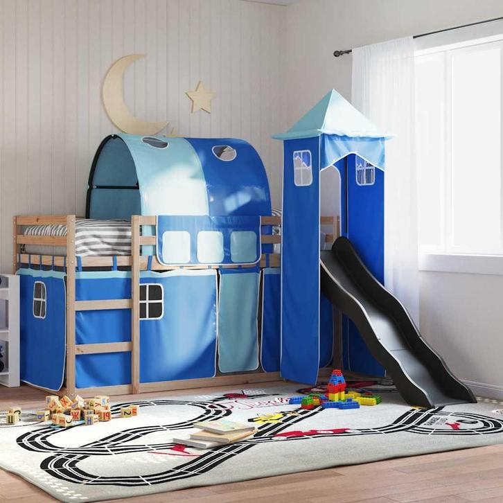 vidaXL Stapelbed met glijbaan en gordijnen blauw 80x200 cm, Huis en Inrichting, Slaapkamer | Bedden, Nieuw, Verzenden