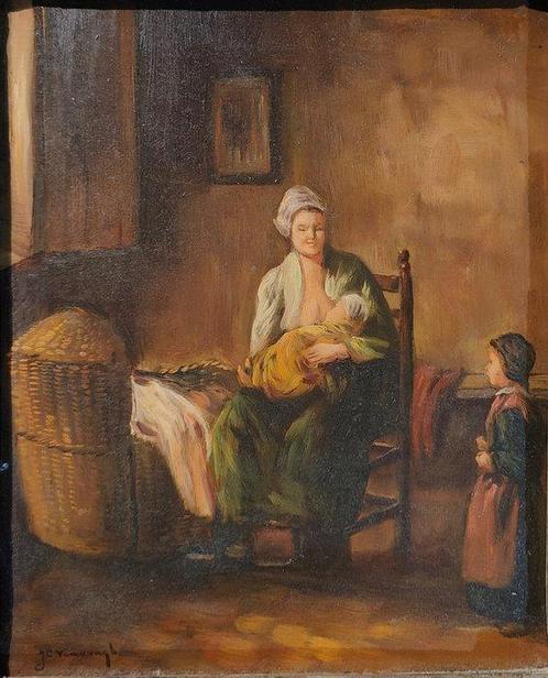 J.C Verburgh (1802-1879) - Moeder met kinderen in interieur, Antiek en Kunst, Kunst | Schilderijen | Klassiek