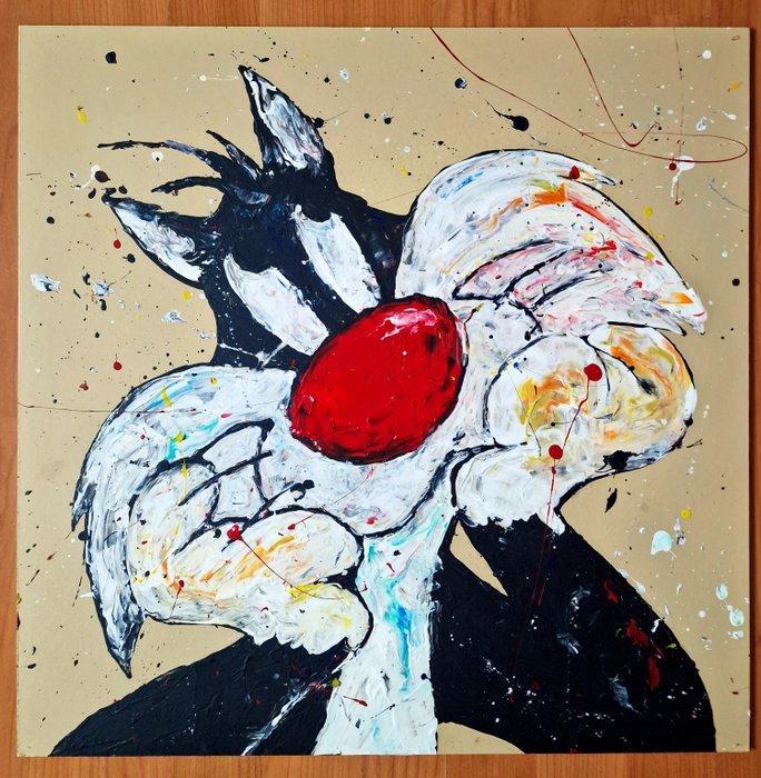 PatriciaSilvArt - Sylvester cat acrylic painting abstract, Antiquités & Art, Art | Peinture | Moderne