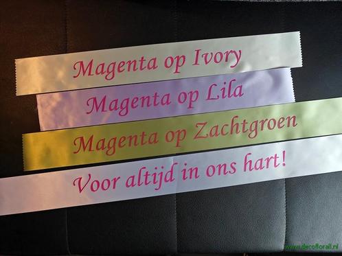 Wit lint 70 mm met magenta opdruk +/- 80cm. - eigen tekst, Huis en Inrichting, Woonaccessoires | Kunstplanten en Kunstbloemen