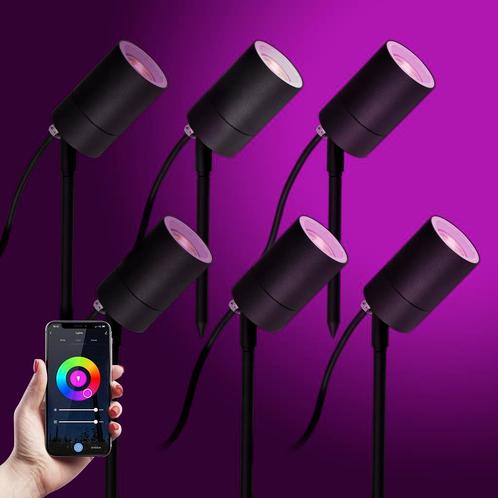 Tuinspots 6x LED Pin Tuinspot Zwart met Color LED, Tuin en Terras, Buitenverlichting, Led, Smartlamp, Minder dan 50 watt, Nieuw