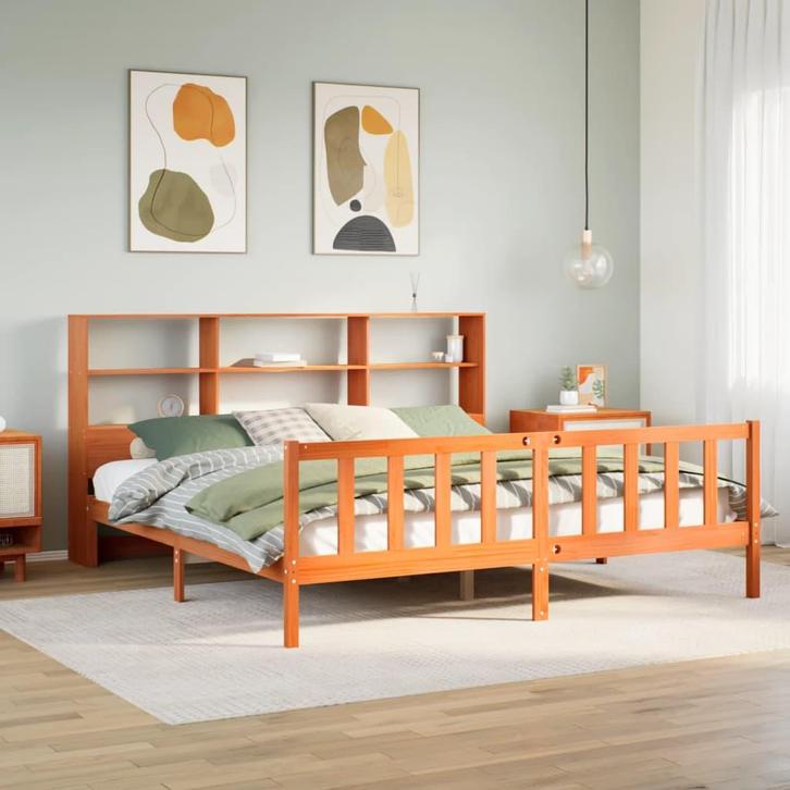 vidaXL Bed met boekenkast zonder matras grenenhout wasbruin, Maison & Meubles, Chambre à coucher | Lits, Envoi