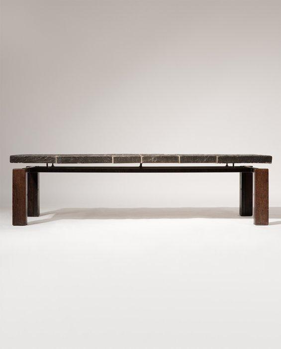 Table basse - Bois dur, Métal, Pierre - table brutaliste, Antiquités & Art, Curiosités & Brocante