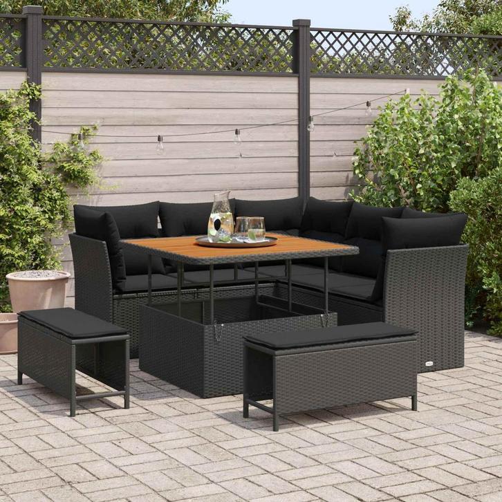 vidaXL Tuinbank Set 8 pcs Zwart Poly riet en gepoedercoat, Tuin en Terras, Tuinsets en Loungesets, Nieuw, Verzenden