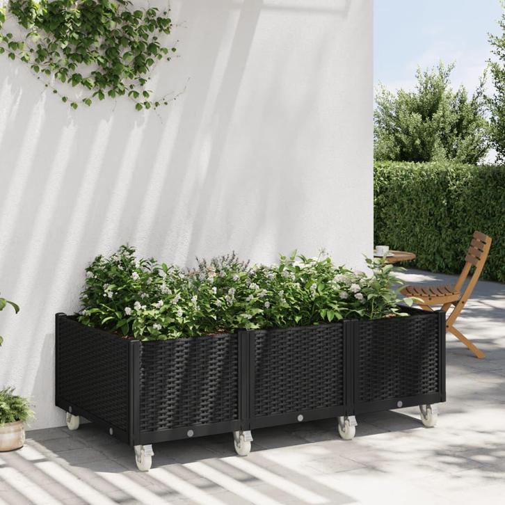vidaXL Plantenbak met wielen 150x80x54 cm polypropeen zwart, Tuin en Terras, Bloempotten, Nieuw, Verzenden