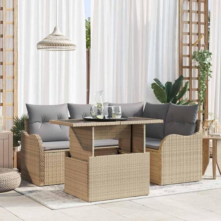 vidaXL Buiten Eettafel Set met kussen 5 pcs Beige Poly, Tuin en Terras, Tuinsets en Loungesets, Nieuw, Verzenden