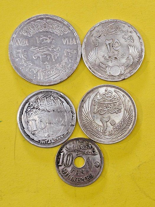 Egypte. 1917 tot 1968, Lot van 5 stuks, incl. zilver (Zonder, Postzegels en Munten, Munten | Azië