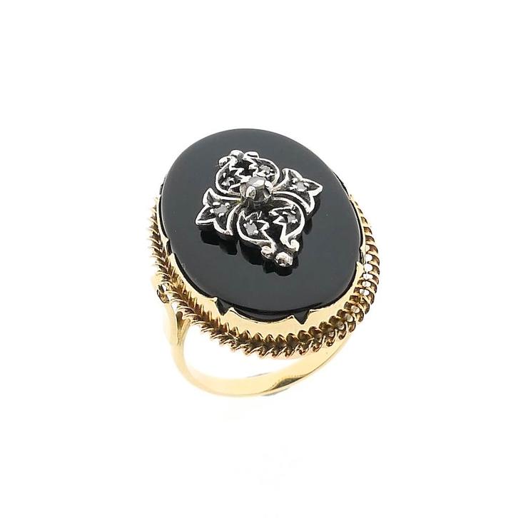 Victoriaanse goud met zilveren ring met onyx en diamant;..., Handtassen en Accessoires, Ringen, Dame, Met edelsteen, Overige kleuren
