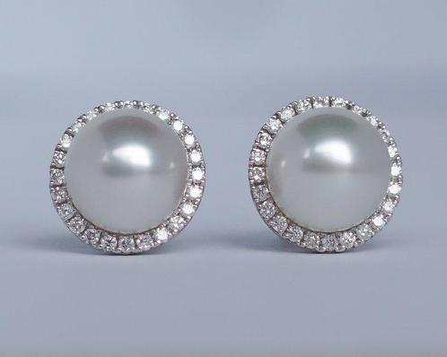 Oorstekers - 18 karaat Witgoud -  0.31ct. tw. Parel -, Handtassen en Accessoires, Antieke sieraden