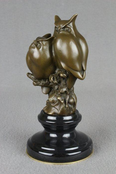sculptuur, Two Young Owls - 18 cm - Gepatineerd brons, Antiek en Kunst, Curiosa en Brocante