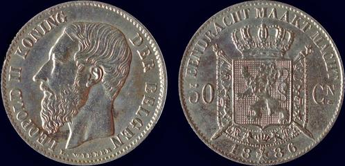 50 centimes Belgium Leopold Ii 50 centiems 1886vl-fdc zilver, Postzegels en Munten, Munten | Europa | Niet-Euromunten, België