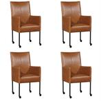 Set van 4 Cognac leren moderne eetkamerstoelen - poot rond, Nieuw, Vier, Modern, Leer